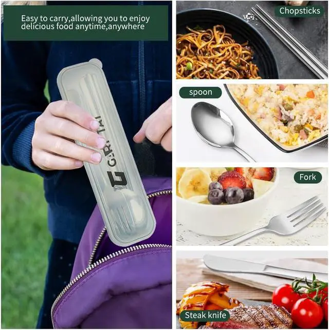 Alt view image 3 of 7 - Portable travel utensils set with case.4Pcs Stainless steel silverware travel set. Reusable camping utensils silverware.Include knife fork spoon chopsticks with case(Silver)