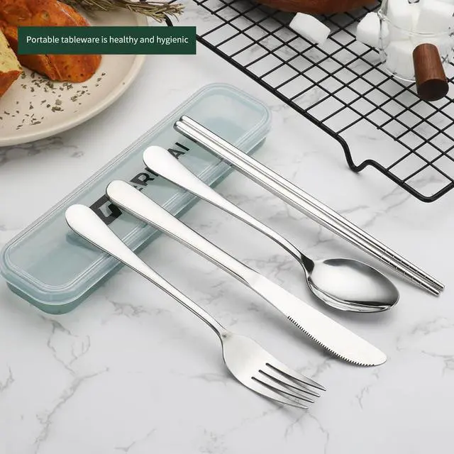 Alt view image 4 of 7 - Portable travel utensils set with case.4Pcs Stainless steel silverware travel set. Reusable camping utensils silverware.Include knife fork spoon chopsticks with case(Silver)