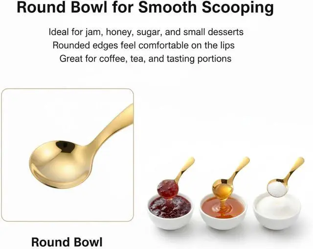 Alt view image 3 of 6 - 6PCS Mini Gold Spoons, Short Handle Scoops for Salt Sugar Coffee Tea Dessert Condiments - Small Canister Scoops for Candy Buffet (Gold)