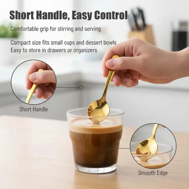 Alt view image 4 of 6 - 6PCS Mini Gold Spoons, Short Handle Scoops for Salt Sugar Coffee Tea Dessert Condiments - Small Canister Scoops for Candy Buffet (Gold)