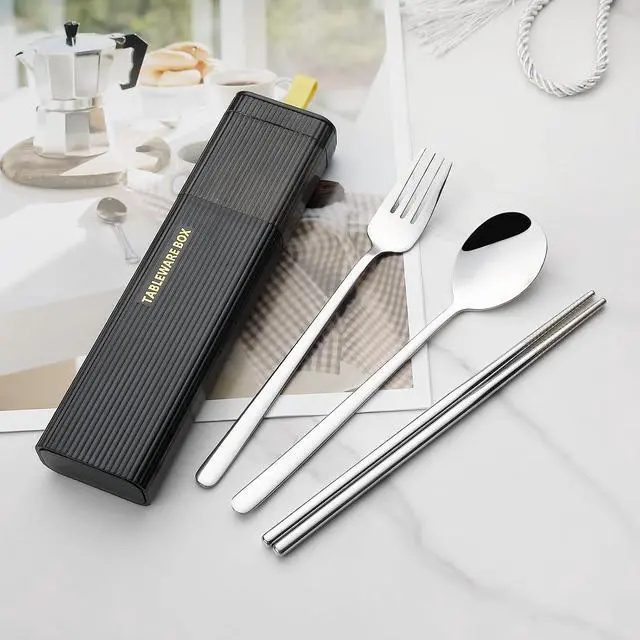 Alt view image 4 of 7 - DEVICO Travel Utensils with Case, 4Pcs Korean Chopsticks Fork and Spoon Set