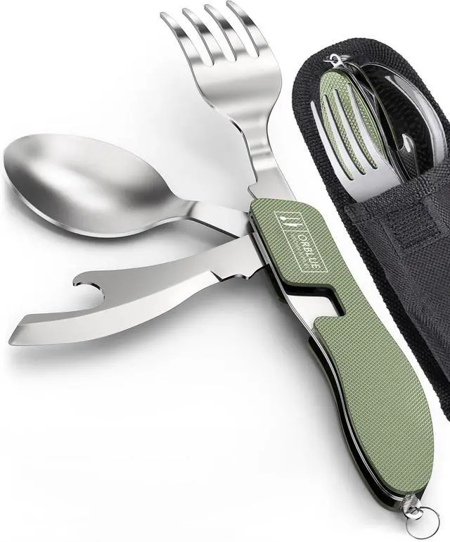 Main image of Orblue 4-in-1 Camping Eating Utensils, 2-Pack - Portable Spoon, Fork, Knife & Bottle Opener Combo Set - Stainless Steel Flatware with Detachable Fork - Backpacking Cutlery Multitool, Olive Green