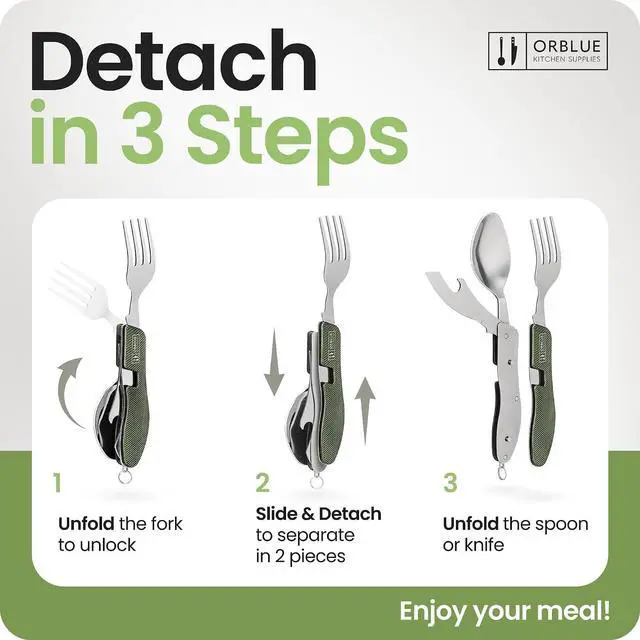 Alt view image 3 of 7 - Orblue 4-in-1 Camping Eating Utensils, 2-Pack - Portable Spoon, Fork, Knife & Bottle Opener Combo Set - Stainless Steel Flatware with Detachable Fork - Backpacking Cutlery Multitool, Olive Green