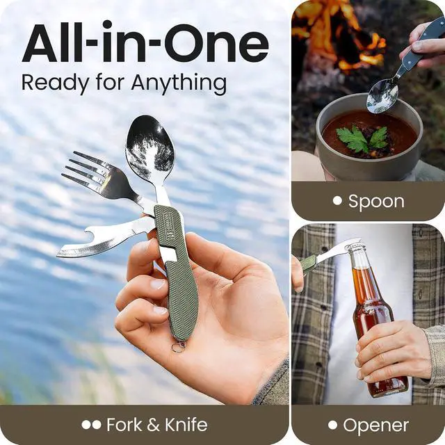 Alt view image 2 of 7 - Orblue 4-in-1 Camping Eating Utensils, 2-Pack - Portable Spoon, Fork, Knife & Bottle Opener Combo Set - Stainless Steel Flatware with Detachable Fork - Backpacking Cutlery Multitool, Olive Green