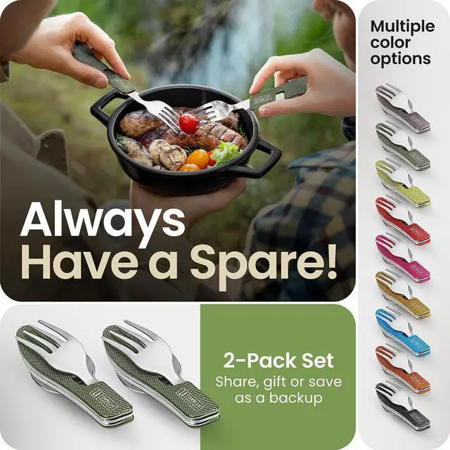 Alt view image 6 of 7 - Orblue 4-in-1 Camping Eating Utensils, 2-Pack - Portable Spoon, Fork, Knife & Bottle Opener Combo Set - Stainless Steel Flatware with Detachable Fork - Backpacking Cutlery Multitool, Olive Green