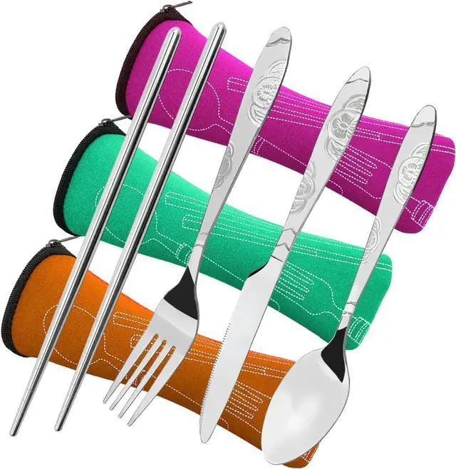 Main image of 3 Pack Camping Silverware Set, CKANDAY 12 Pcs Knife Fork Spoon Chopsticks Stainless Steel with Carrying Case Rustproof Tableware Flatware for Traveling Picnic Working Hiking-Red/Green/Orange