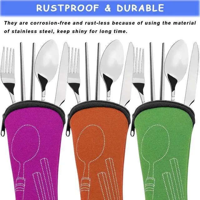 Alt view image 3 of 7 - 3 Pack Camping Silverware Set, CKANDAY 12 Pcs Knife Fork Spoon Chopsticks Stainless Steel with Carrying Case Rustproof Tableware Flatware for Traveling Picnic Working Hiking-Red/Green/Orange