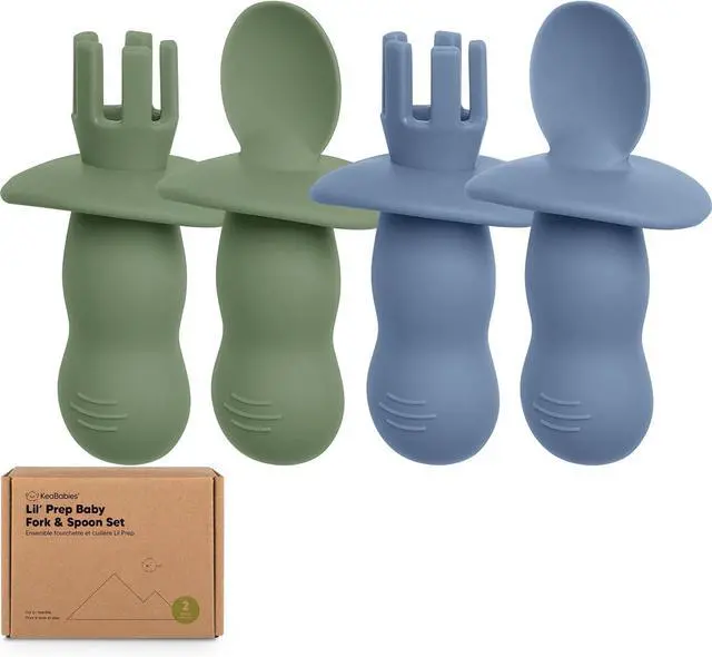Main image of KeaBabies 4-Pack Silicone Baby Spoons and Forks Set, BLW, BPA-Free (Slate)