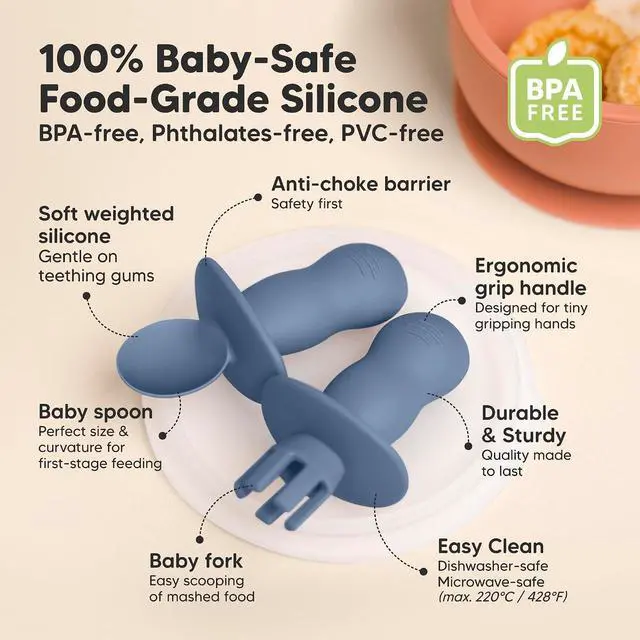 Alt view image 2 of 7 - KeaBabies 4-Pack Silicone Baby Spoons and Forks Set, BLW, BPA-Free (Slate)