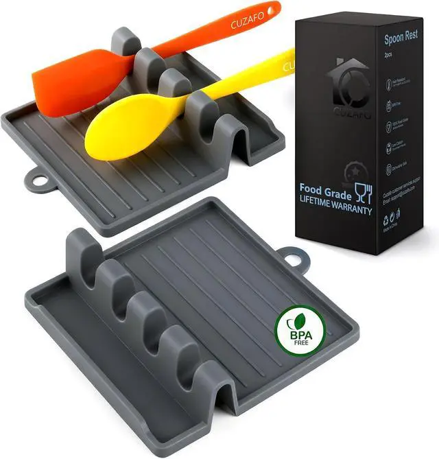 Main image of 600°F Heat Resistant Silicone Spoon Rest, Multiple Utensil Rest, BPA Free Easy to Clean Dishwasher Safe, (Grey)