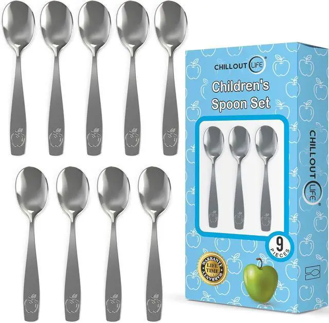 Main image of 9 Piece Stainless Steel Kids Spoons - Child and Toddler Safe Flatware - Kids Utensil Set - Metal Kid Cutlery Set, Dinner Spoon Set for Dessert - Includes a Total of 9 Small Spoons