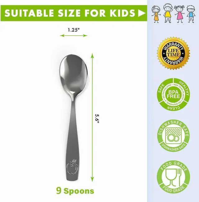 Alt view image 2 of 7 - 9 Piece Stainless Steel Kids Spoons - Child and Toddler Safe Flatware - Kids Utensil Set - Metal Kid Cutlery Set, Dinner Spoon Set for Dessert - Includes a Total of 9 Small Spoons