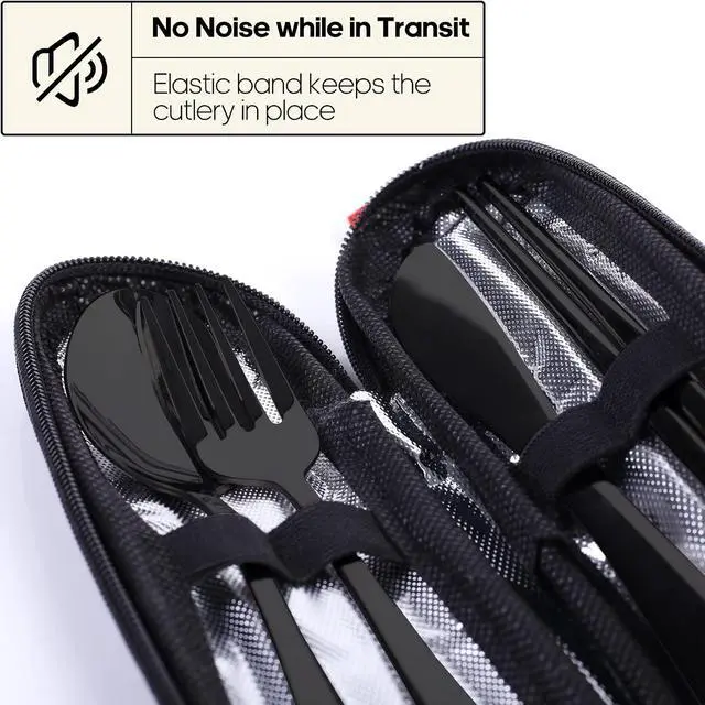 Alt view image 3 of 7 - Travel Utensils with Case, Quatish Portable Silverware Set for Work, Stainless Steel Reusable Travel Cutlery Set, Fork and Spoon Set for Camping, Picnic, Gadgets, Lunch Box for Men, Black