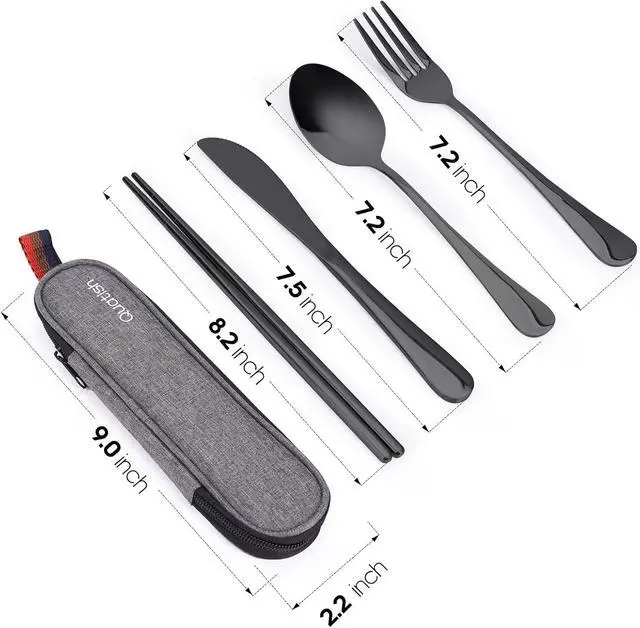 Alt view image 7 of 7 - Travel Utensils with Case, Quatish Portable Silverware Set for Work, Stainless Steel Reusable Travel Cutlery Set, Fork and Spoon Set for Camping, Picnic, Gadgets, Lunch Box for Men, Black