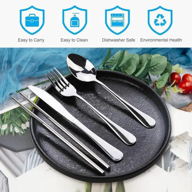 Alt view image 2 of 7 - Portable Silverware Set with Case, Lengnoyp Travel Camping Utensils Set, Premium Stainless Steel Travel Cutlery Set