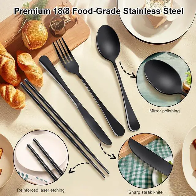 Alt view image 6 of 7 - 5 Piece Travel Utensils Set With Case, Stainless Steel, Black