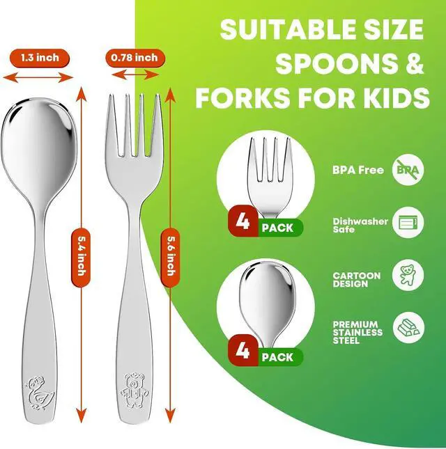 Alt view image 2 of 7 - 8 Pieces Toddler Utensils, Kids Stainless Steel Silverware Set - 4pcs Forks and 4pcs Spoon, Cute Children Flatware Sets with Mirror Polished, Self Feeding Safe, Dishwasher Safe