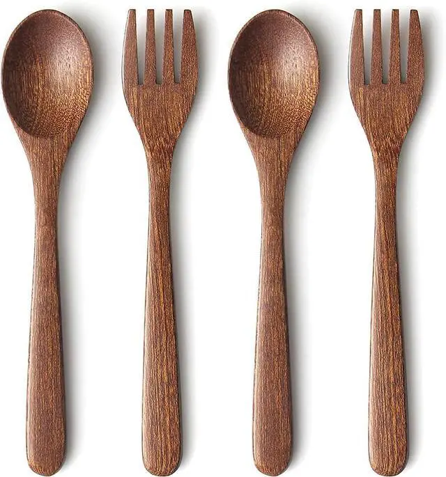 Main image of YFWOOD 4-Pieces Natural Wooden Kids Utensils Set, Child Forks and Spoons