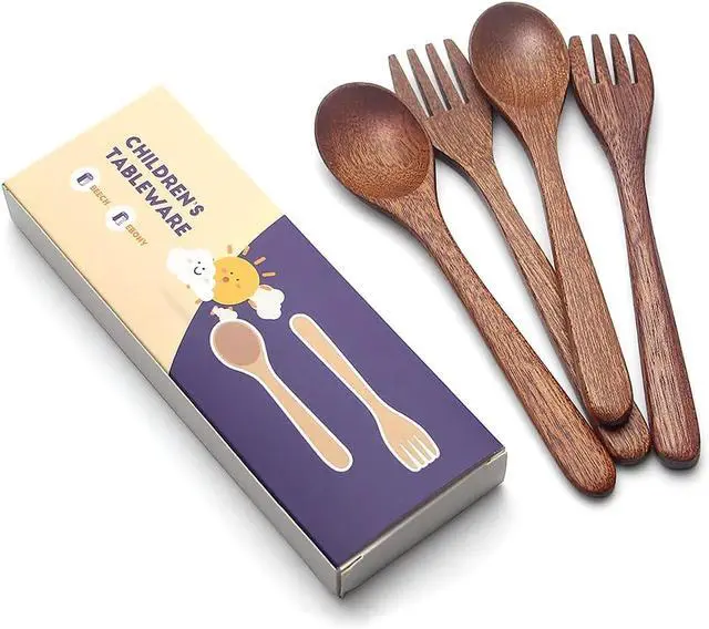 Alt view image 5 of 7 - YFWOOD 4-Pieces Natural Wooden Kids Utensils Set, Child Forks and Spoons