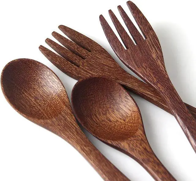 Alt view image 6 of 7 - YFWOOD 4-Pieces Natural Wooden Kids Utensils Set, Child Forks and Spoons
