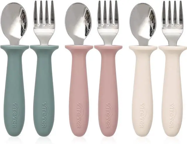 Main image of VITEVER 6 Pieces Toddler Utensils, Kids Silverware Set with Silicone Handle, Children Safe Spoons and Forks, 18/8 Stainless Steel, Food-grade Silicone - Dishwasher Safe