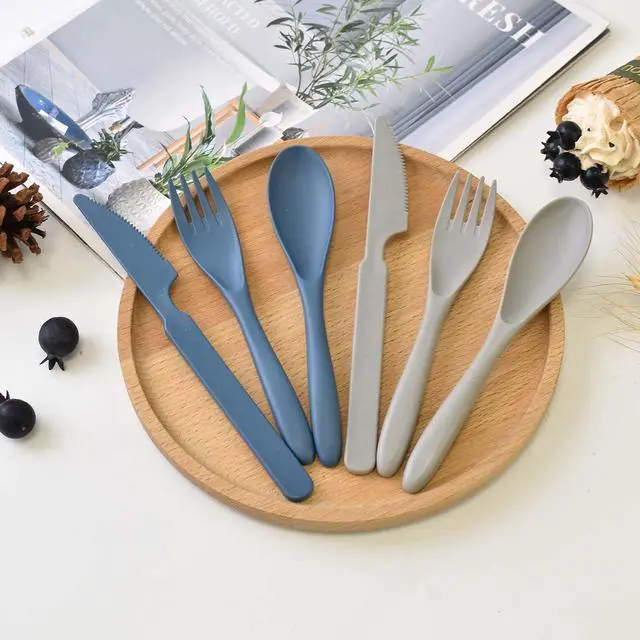 Alt view image 3 of 7 - Zoyiancy 8 Sets Wheat Straw Cutlery Set, Reusable Utensils Set (Blue Gray)