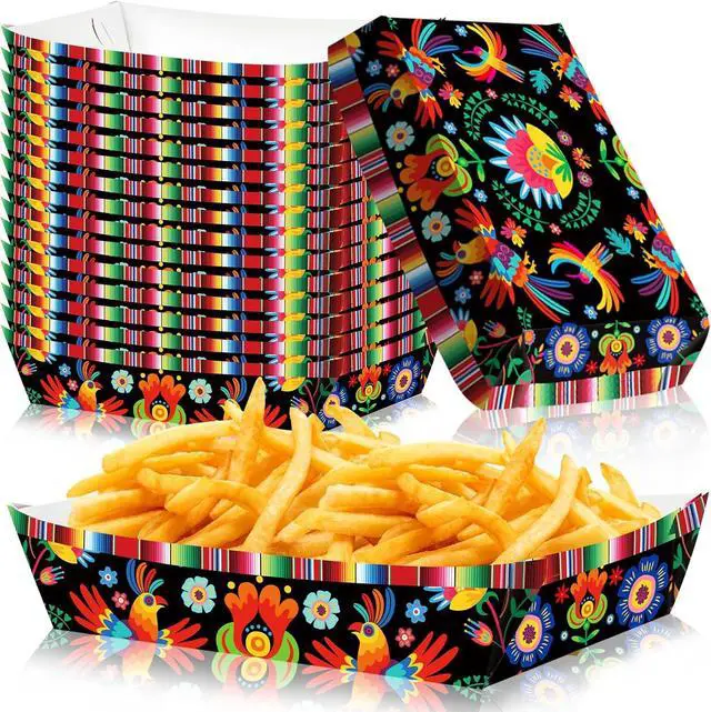 Main image of 30 Pack Fiesta Mexican Food Trays, Floral and Serape Stripe Design Disposable Paper Serving Containers Boats for Taco Nights, Nachos, Fries, Popcorn, Snacks, Cinco de Mayo and Birthday Party Supplies