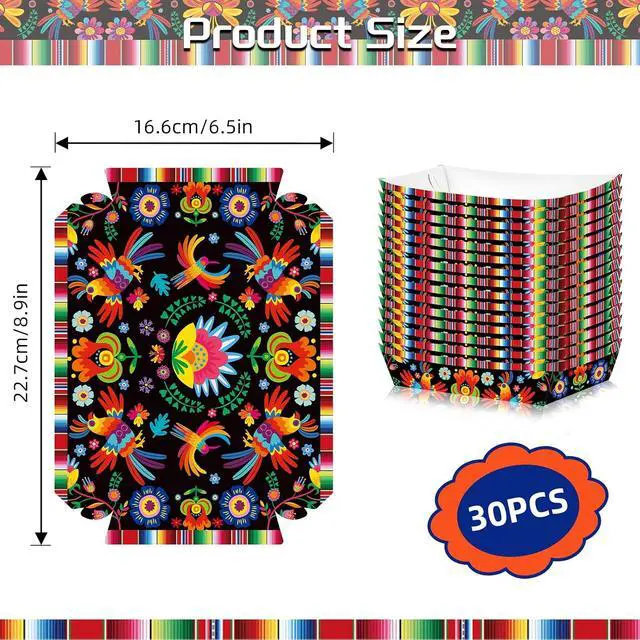 Alt view image 2 of 7 - 30 Pack Fiesta Mexican Food Trays, Floral and Serape Stripe Design Disposable Paper Serving Containers Boats for Taco Nights, Nachos, Fries, Popcorn, Snacks, Cinco de Mayo and Birthday Party Supplies