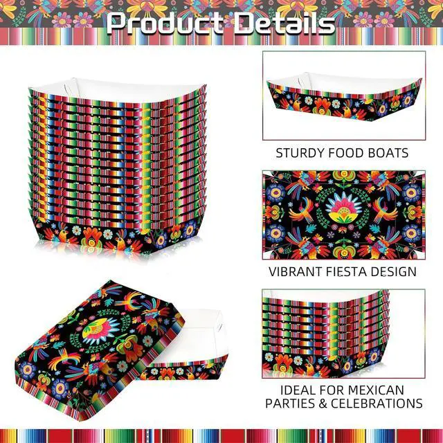 Alt view image 3 of 7 - 30 Pack Fiesta Mexican Food Trays, Floral and Serape Stripe Design Disposable Paper Serving Containers Boats for Taco Nights, Nachos, Fries, Popcorn, Snacks, Cinco de Mayo and Birthday Party Supplies