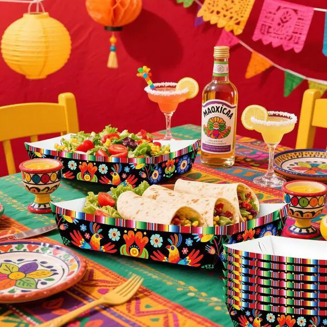 Alt view image 4 of 7 - 30 Pack Fiesta Mexican Food Trays, Floral and Serape Stripe Design Disposable Paper Serving Containers Boats for Taco Nights, Nachos, Fries, Popcorn, Snacks, Cinco de Mayo and Birthday Party Supplies
