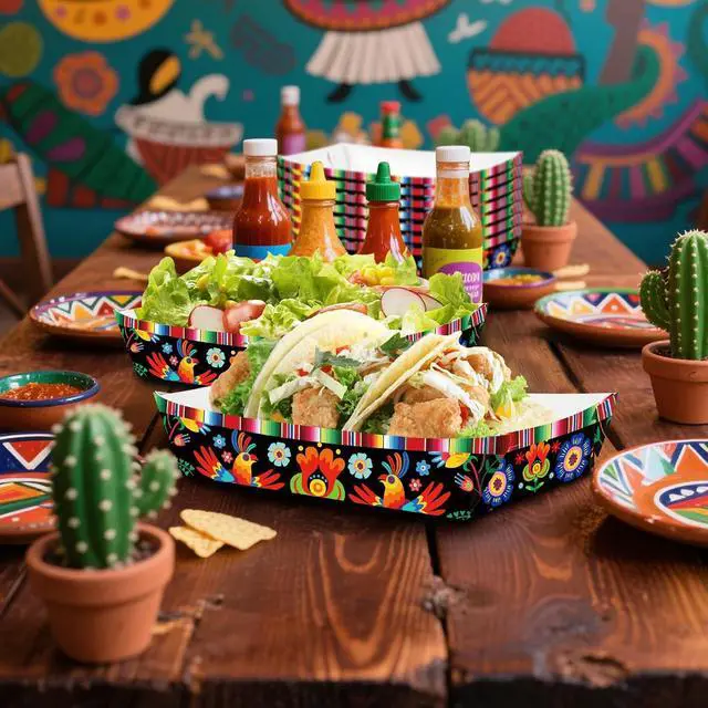 Alt view image 6 of 7 - 30 Pack Fiesta Mexican Food Trays, Floral and Serape Stripe Design Disposable Paper Serving Containers Boats for Taco Nights, Nachos, Fries, Popcorn, Snacks, Cinco de Mayo and Birthday Party Supplies