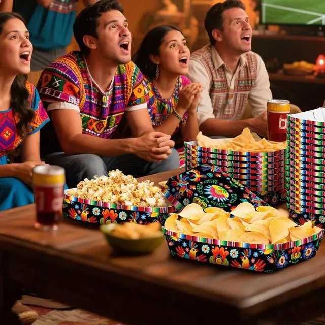 Alt view image 7 of 7 - 30 Pack Fiesta Mexican Food Trays, Floral and Serape Stripe Design Disposable Paper Serving Containers Boats for Taco Nights, Nachos, Fries, Popcorn, Snacks, Cinco de Mayo and Birthday Party Supplies