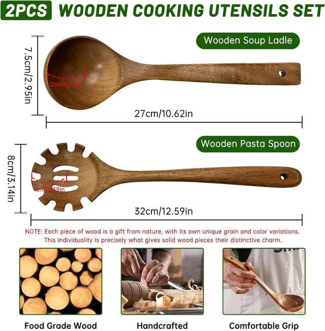Alt view image 2 of 7 - Wooden Ladle & Wooden Pasta Spoon Set, 2PCS Wooden Soup Ladle