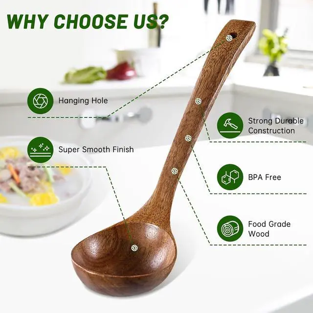 Alt view image 3 of 7 - Wooden Ladle & Wooden Pasta Spoon Set, 2PCS Wooden Soup Ladle