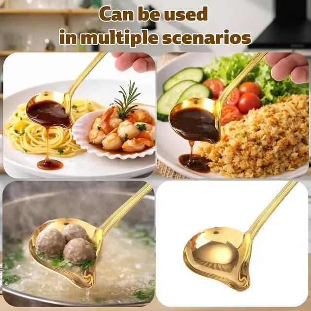 Alt view image 7 of 7 - 3pcs Sauce Ladle with Pouring Spout, Gold-Colored Stainless Steel Gravy Pour Ladle Spoon Sauce Drizzle Metal Punch Spoon with Spout for Serving Soups Spooning Gravies Dressings Kitchen Utensil
