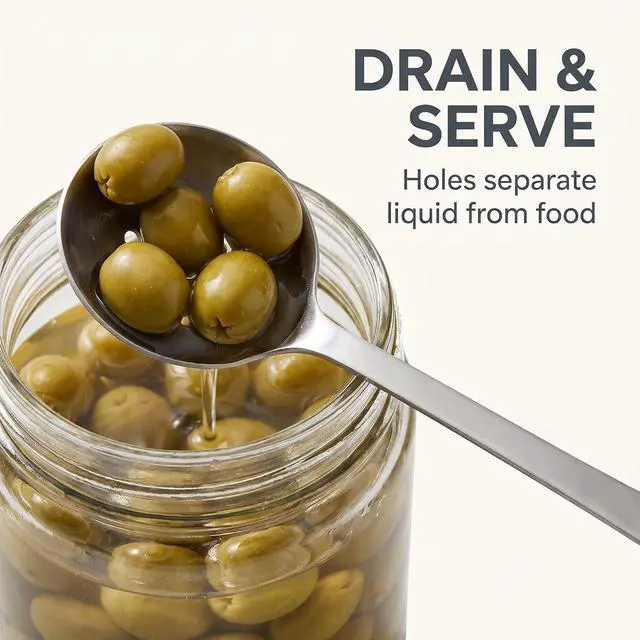 Alt view image 6 of 7 - Stainless Steel Olive Strainer Spoon, Long Handle Jam Slotted Spoon with Drain Hole, Cooking Spoons, 1