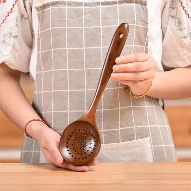 Alt view image 3 of 4 - Large Wooden Spoon - Strainer Spoon - 11-inch Big for Brewing, Grill, Stirring - Solid Natural Hard Wood Long Spatula