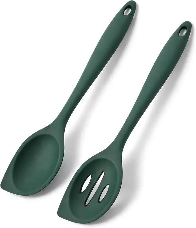 Main image of Silicone Kitchen Spoons Set - 2 Pack Heat-Resistant Utensils (Slotted & Solid Spoon) for Cooking, Baking - Non Stick, Dishwasher Safe (Green)
