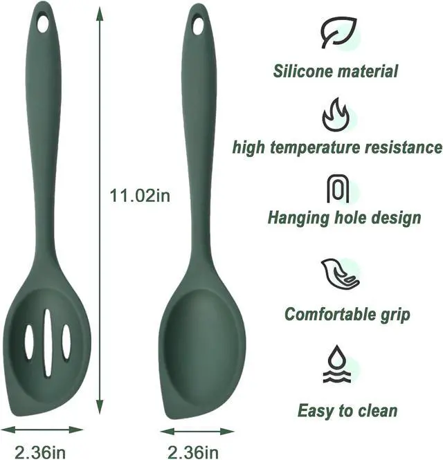 Alt view image 3 of 6 - Silicone Kitchen Spoons Set - 2 Pack Heat-Resistant Utensils (Slotted & Solid Spoon) for Cooking, Baking - Non Stick, Dishwasher Safe (Green)