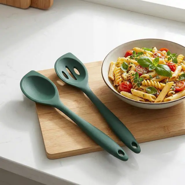 Alt view image 2 of 6 - Silicone Kitchen Spoons Set - 2 Pack Heat-Resistant Utensils (Slotted & Solid Spoon) for Cooking, Baking - Non Stick, Dishwasher Safe (Green)
