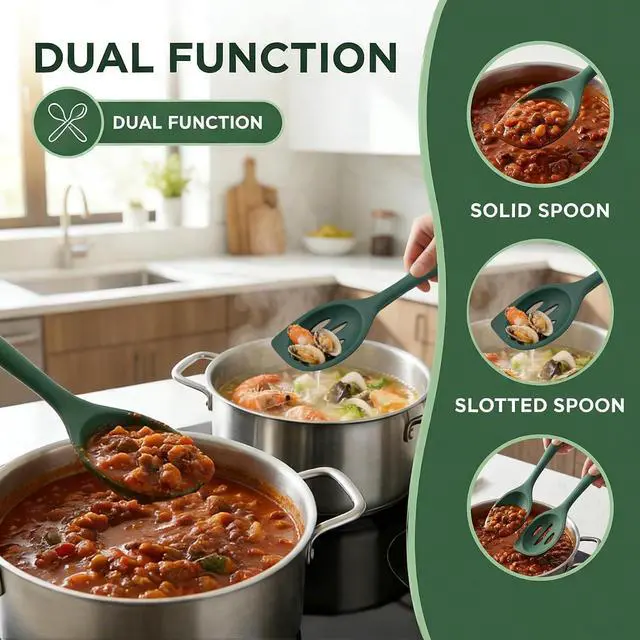 Alt view image 4 of 6 - Silicone Kitchen Spoons Set - 2 Pack Heat-Resistant Utensils (Slotted & Solid Spoon) for Cooking, Baking - Non Stick, Dishwasher Safe (Green)