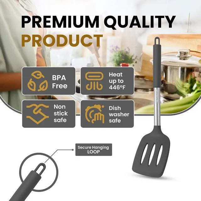 Alt view image 2 of 7 - AK Sardar 2-Pack Silicone Turners - Non-Stick, Heat-Resistant, BPA-Free Easy Cooking Spatulas/Spoons With Strong Stainless Steel Handles. Best For Eggs, Pancakes, Chicken, Steak, And More. (Gray)