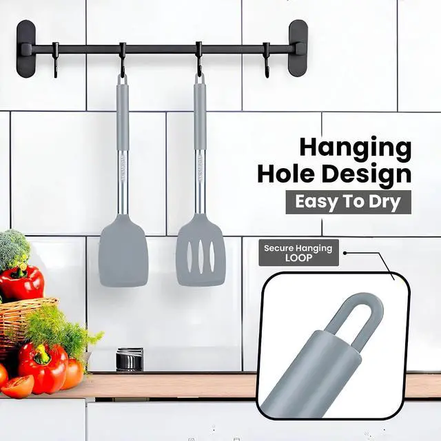 Alt view image 3 of 7 - AK Sardar 2-Pack Silicone Turners - Non-Stick, Heat-Resistant, BPA-Free Easy Cooking Spatulas/Spoons With Strong Stainless Steel Handles. Best For Eggs, Pancakes, Chicken, Steak, And More. (Gray)