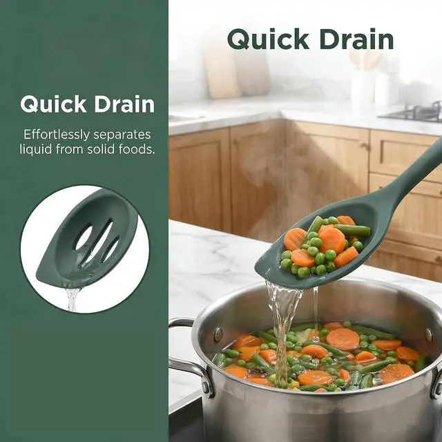 Alt view image 6 of 6 - Silicone Kitchen Spoons Set - 2 Pack Heat-Resistant Utensils (Slotted & Solid Spoon) for Cooking, Baking - Non Stick, Dishwasher Safe (Green)