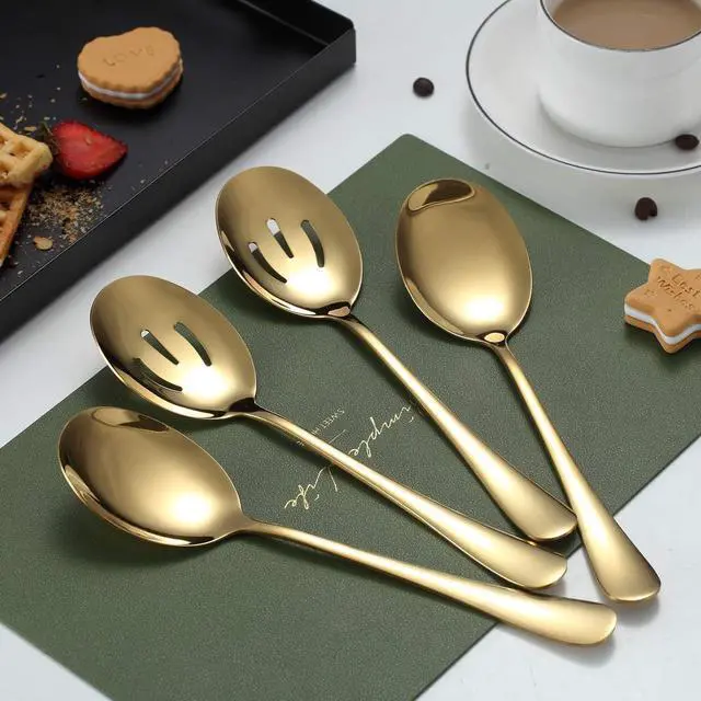 Alt view image 2 of 7 - Gold Serving Spoons 4 Pieces, Kyraton Titanium Plating Serving Spoon, Include 2 Serving Spoon And 2 Slotted Spoons, Stainless Steel Serving Utensils, Serving Set Packing of 4