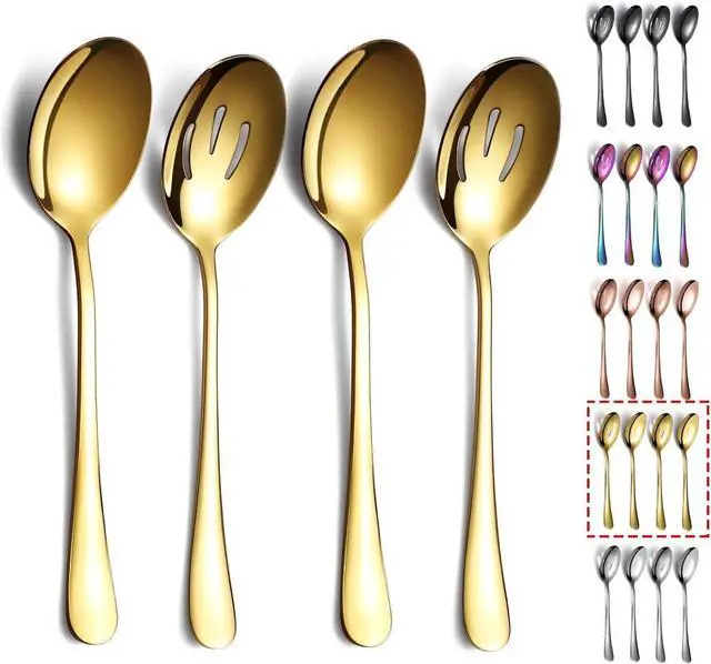 Main image of Gold Serving Spoons 4 Pieces, Kyraton Titanium Plating Serving Spoon, Include 2 Serving Spoon And 2 Slotted Spoons, Stainless Steel Serving Utensils, Serving Set Packing of 4