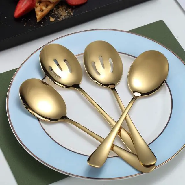 Alt view image 3 of 7 - Gold Serving Spoons 4 Pieces, Kyraton Titanium Plating Serving Spoon, Include 2 Serving Spoon And 2 Slotted Spoons, Stainless Steel Serving Utensils, Serving Set Packing of 4