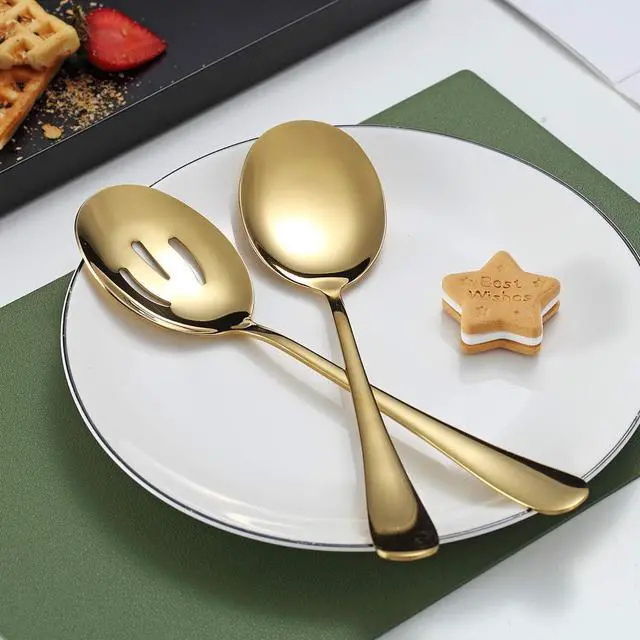 Alt view image 6 of 7 - Gold Serving Spoons 4 Pieces, Kyraton Titanium Plating Serving Spoon, Include 2 Serving Spoon And 2 Slotted Spoons, Stainless Steel Serving Utensils, Serving Set Packing of 4