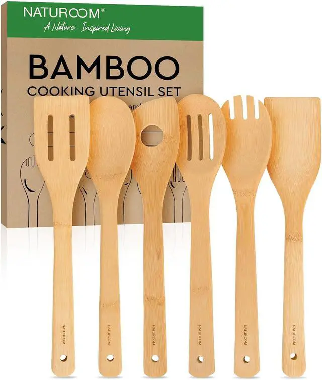 Main image of Naturoom 6 PCS Wooden Utensil Set, Bamboo Kitchen Cooking Spoons and Spatulas for Nonstick Cookware, 12 Inch Essential Wood Tools