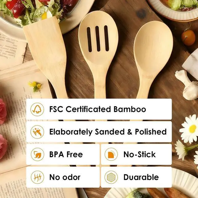 Alt view image 4 of 6 - Naturoom 6 PCS Wooden Utensil Set, Bamboo Kitchen Cooking Spoons and Spatulas for Nonstick Cookware, 12 Inch Essential Wood Tools